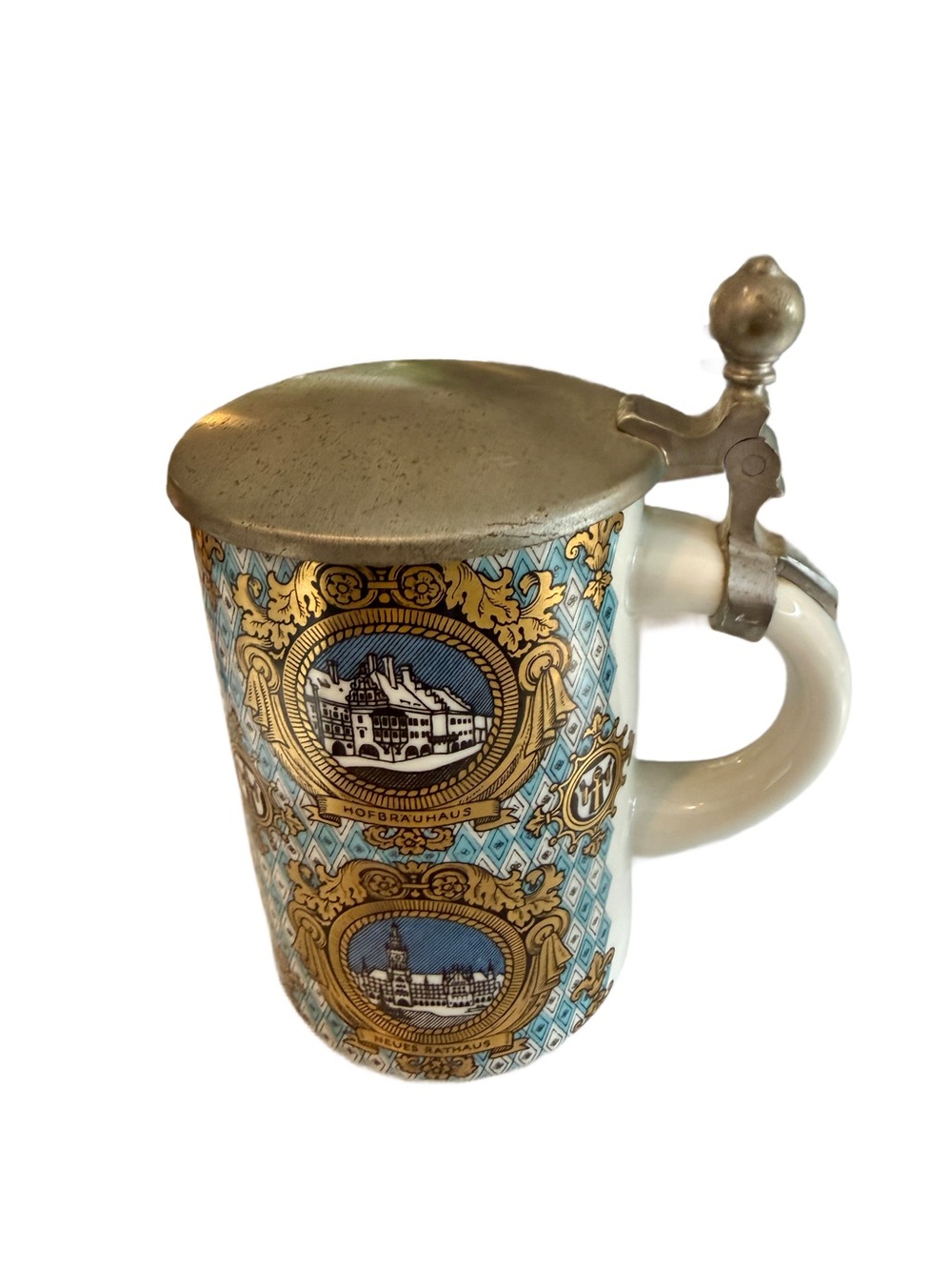German Blue and Gold Ceramic Beer Stein with metal Lid